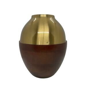 Mid 20th Century Style Hand-Turned Teak Wood and Brass Round Vase